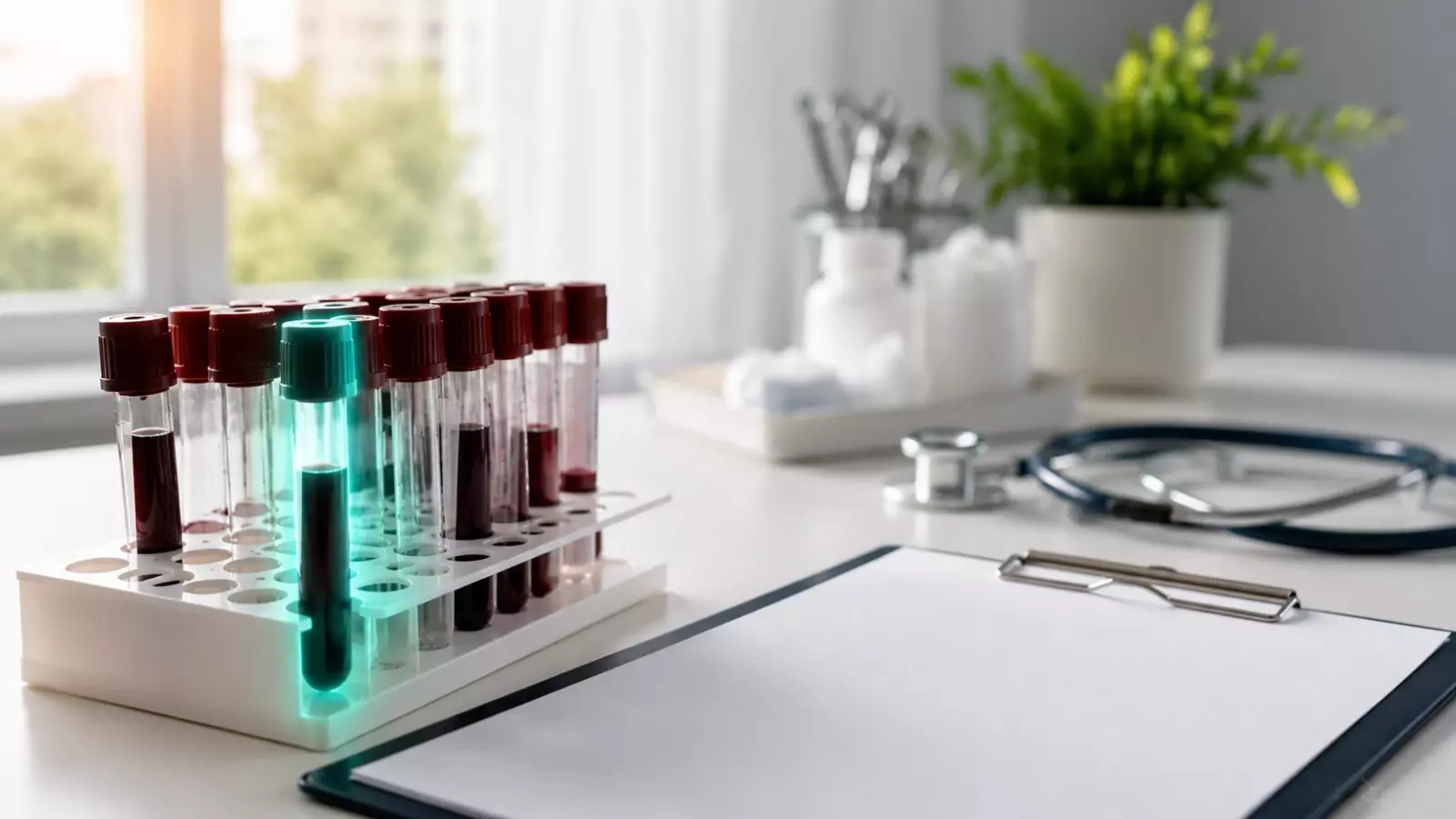 Test tubes with red and teal caps in a rack on a lab bench, with a clipboard and stethoscope nearby and a potted plant in the background by a window.