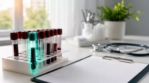 Test tubes with red and teal caps in a rack on a lab bench, with a clipboard and stethoscope nearby and a potted plant in the background by a window.