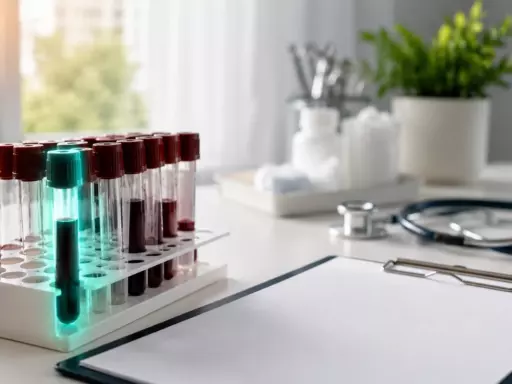 Test tubes with red and teal caps in a rack on a lab bench, with a clipboard and stethoscope nearby and a potted plant in the background by a window.