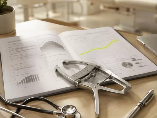 Medical charts open on a desk with graphs highlighted in yellow and a caliper resting on them, plus a stethoscope nearby in a clinic setting.