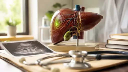 Medical classroom desk with a liver anatomy model, ultrasound image, stethoscope, and books nearby