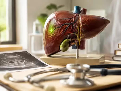 Medical classroom desk with a liver anatomy model, ultrasound image, stethoscope, and books nearby