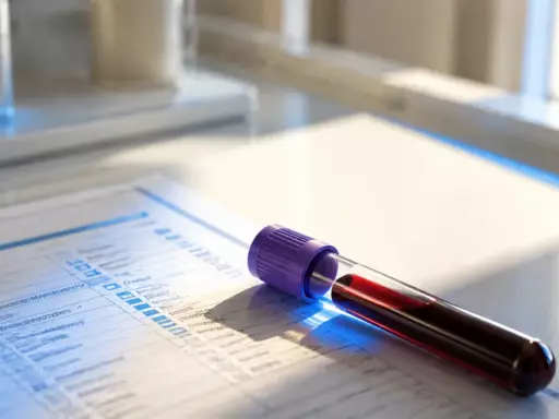 Blood sample in a vial with a purple cap resting on a laboratory form with checklists.