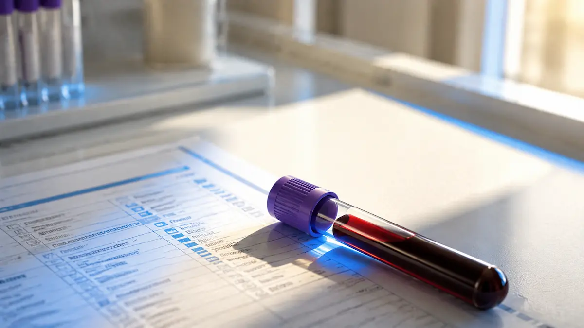 Blood sample in a vial with a purple cap resting on a laboratory form with checklists.