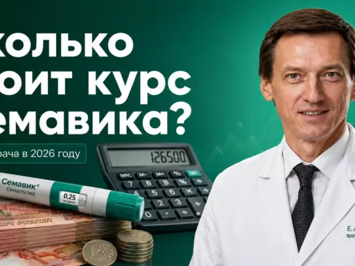 Баннер: доктор в халате рядом со шприцом «Семавик», калькулятором и пачками рублей; вопрос о цене курса.