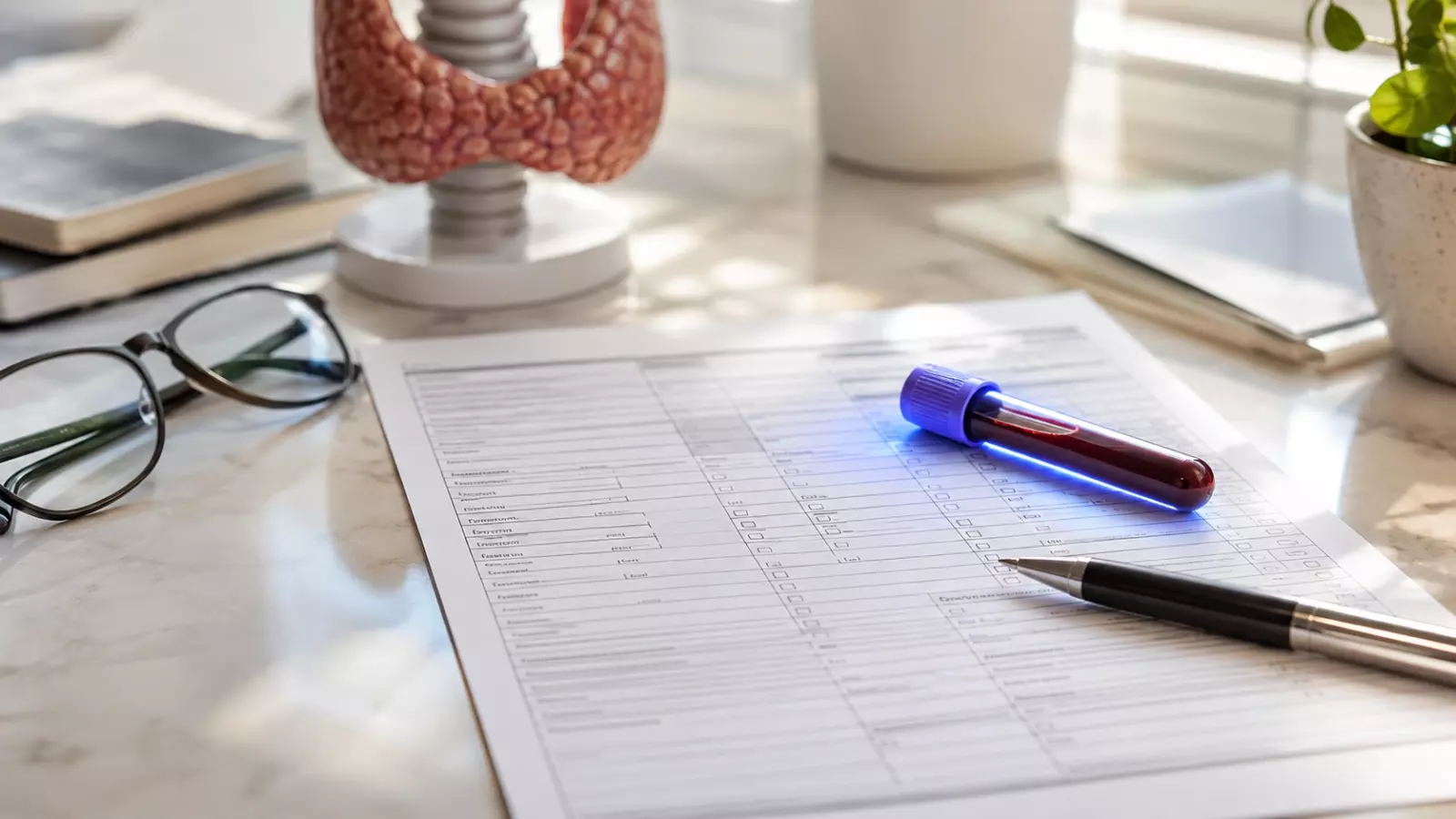 Form with checkboxes and lines on a desk, a purple-capped blood sample tube, and a silver pen nearby.