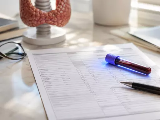 Form with checkboxes and lines on a desk, a purple-capped blood sample tube, and a silver pen nearby.