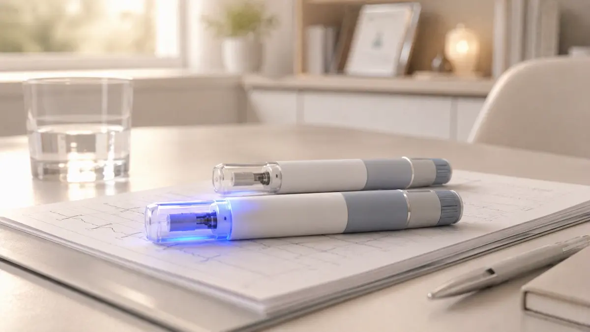 Two insulin pens lie on an ECG chart on a white desk, one pen glowing blue at the tip.