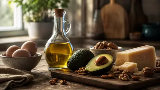 Rustic wooden board with avocado, cheese, eggs, walnuts, almonds, and a bottle of olive oil on a kitchen counter.