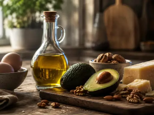 Rustic wooden board with avocado, cheese, eggs, walnuts, almonds, and a bottle of olive oil on a kitchen counter.