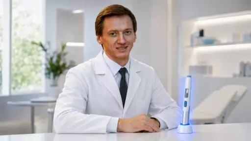 Dentist in a white lab coat sits at a clinic desk with a blue-lit dental device on the counter nearby.