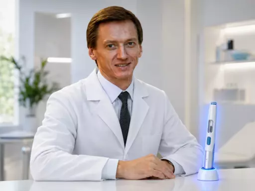 Dentist in a white lab coat sits at a clinic desk with a blue-lit dental device on the counter nearby.