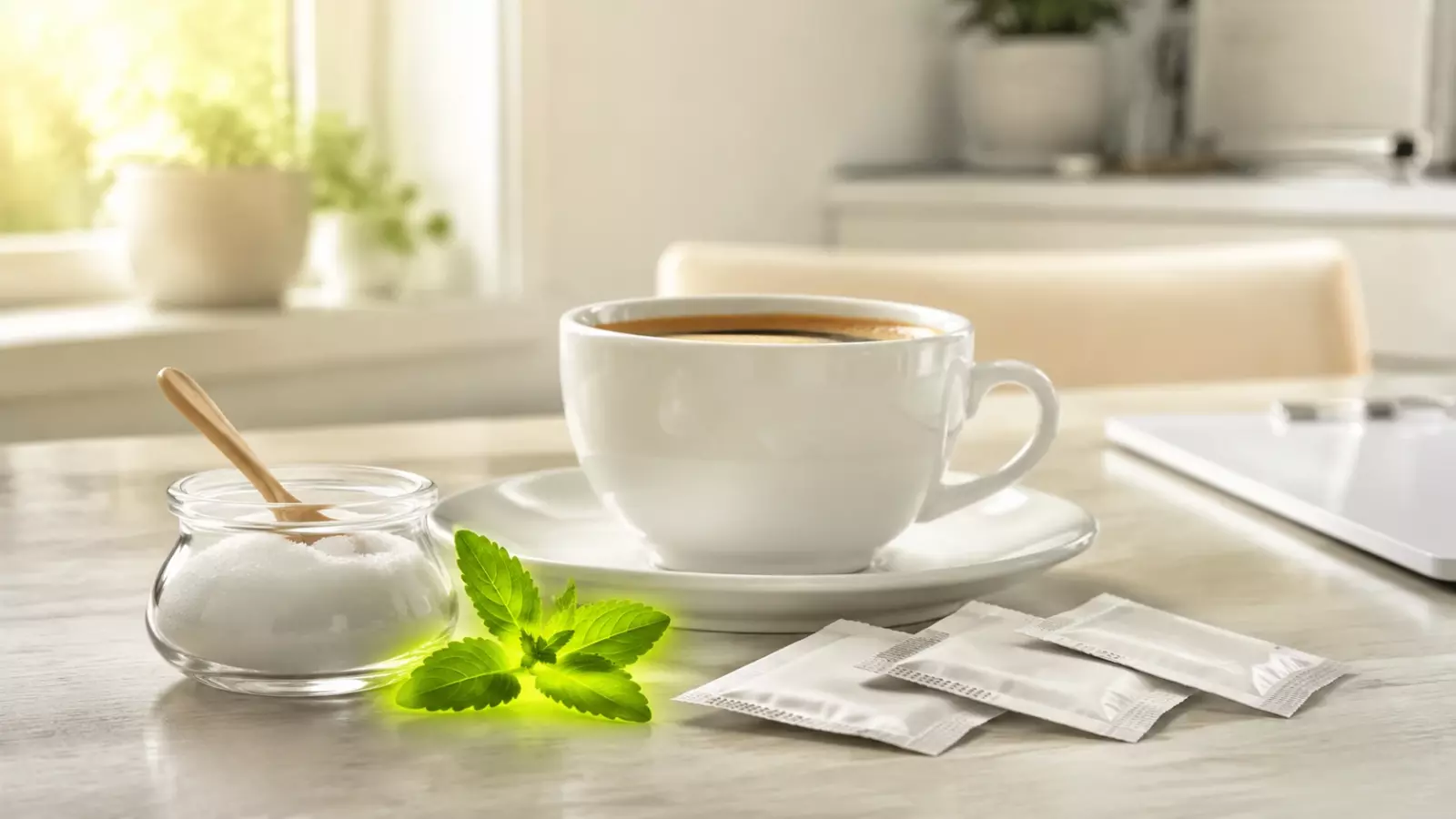 White ceramic coffee cup on a saucer with a sugar jar, spoon, mint leaves, and sugar packets on a bright kitchen counter.