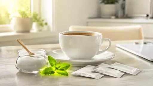 White ceramic coffee cup on a saucer with a sugar jar, spoon, mint leaves, and sugar packets on a bright kitchen counter.