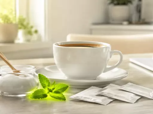White ceramic coffee cup on a saucer with a sugar jar, spoon, mint leaves, and sugar packets on a bright kitchen counter.