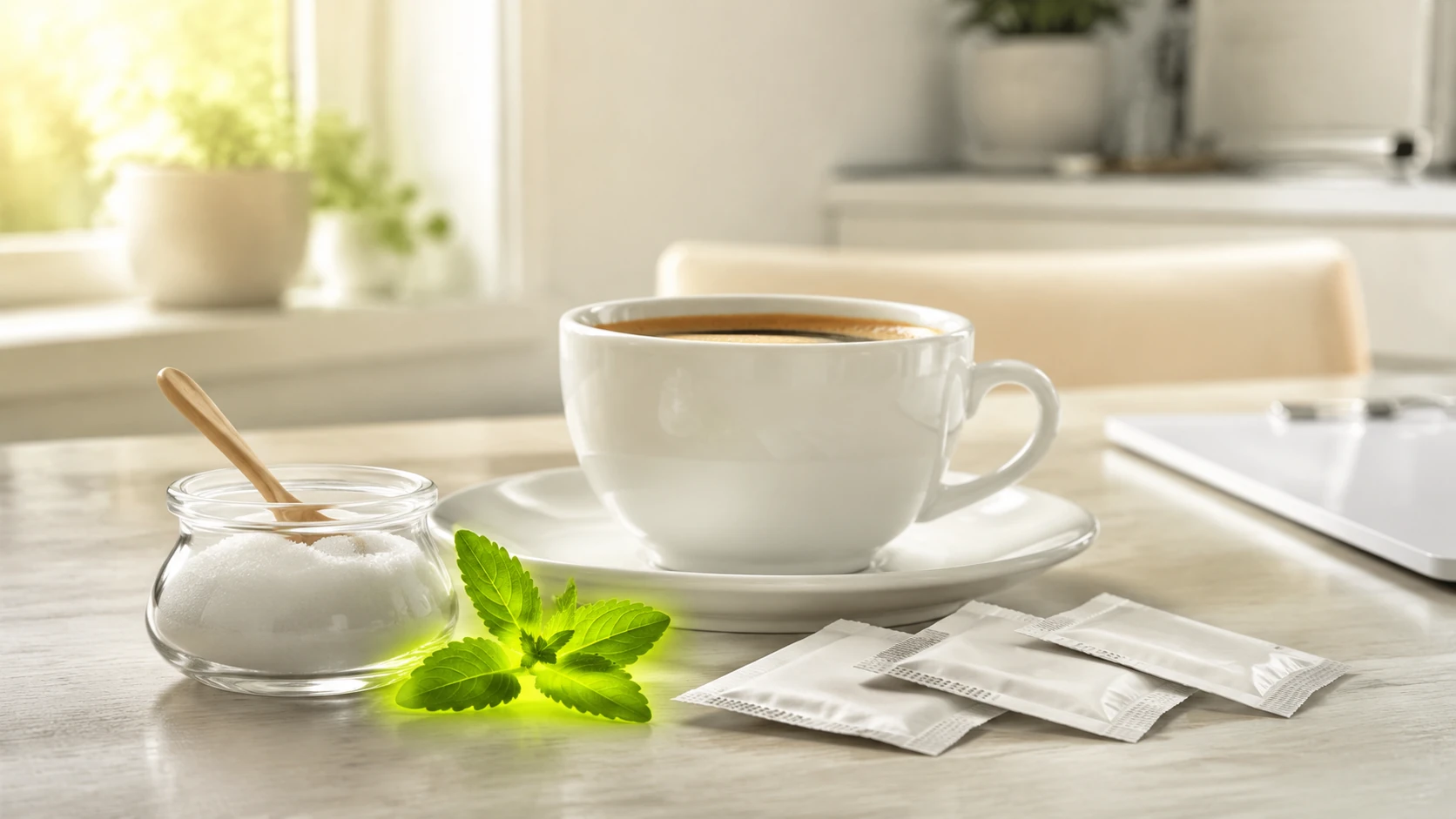 White ceramic coffee cup on a saucer with a sugar jar, spoon, mint leaves, and sugar packets on a bright kitchen counter.