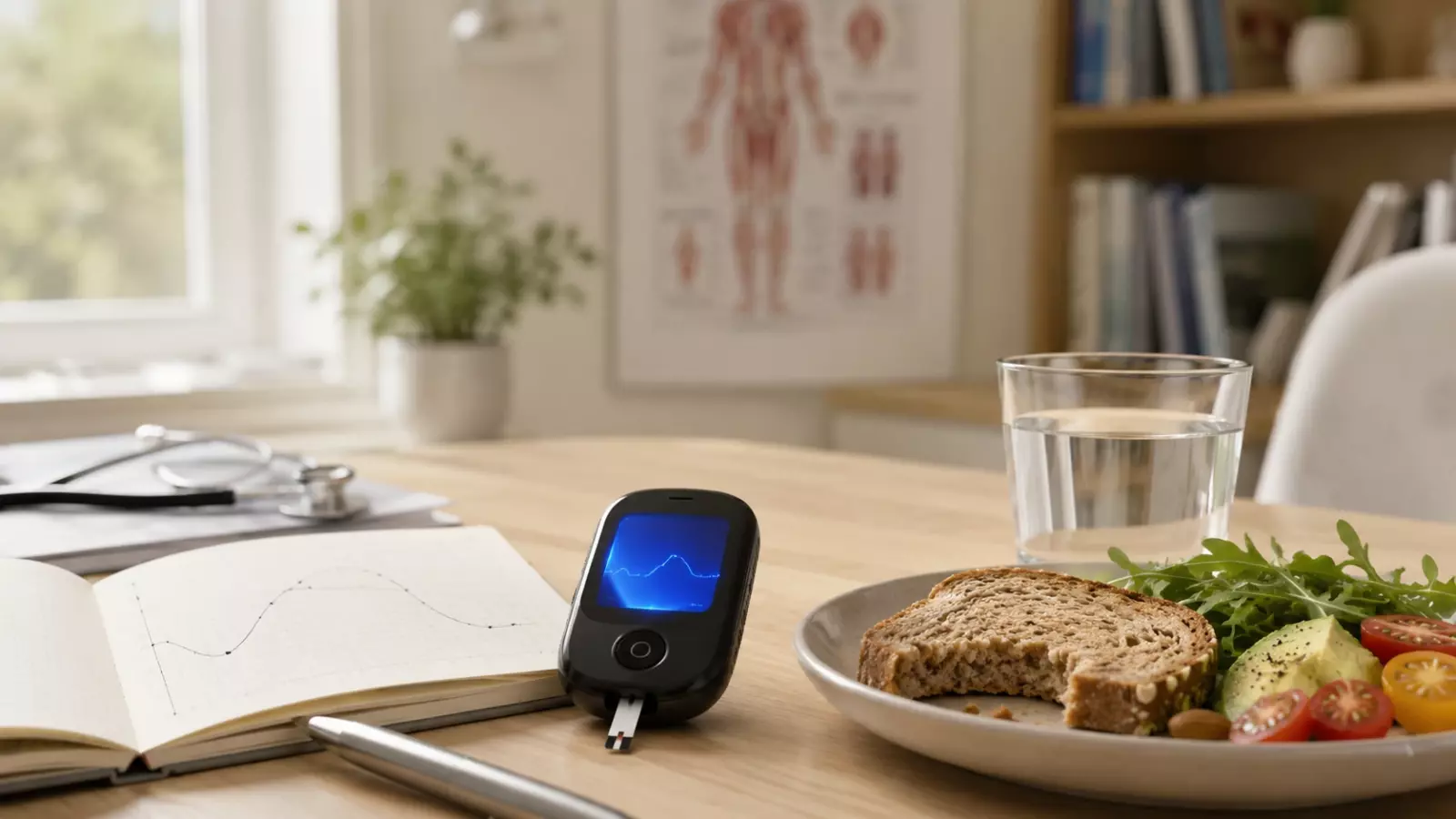Close-up of a glucose meter on a wooden desk beside an open notebook with a line graph, a stethoscope, and a plate of bread with vegetables and a glass of water in the background.