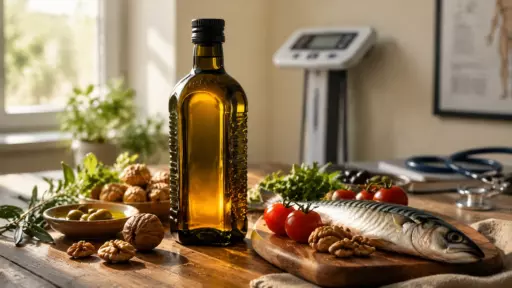 Стол с оливковым маслом, свежей рыбой и овощами в утреннем свете