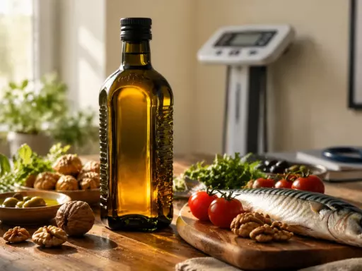 Стол с оливковым маслом, свежей рыбой и овощами в утреннем свете