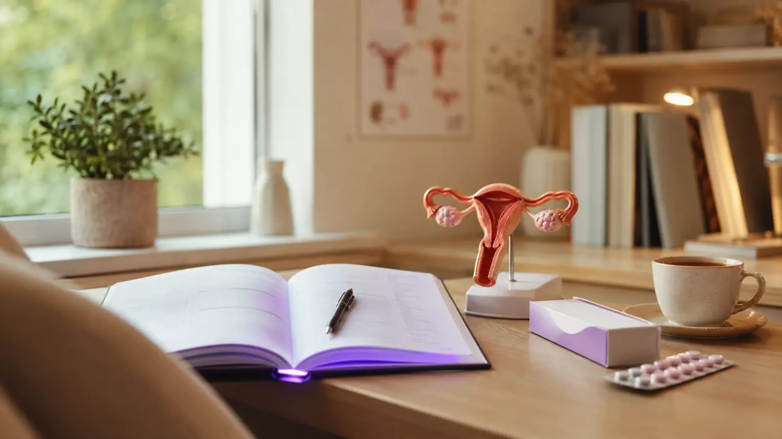 Open notebook and a uterus anatomy model sit on a sunny desk, with a pen, tea, and medication nearby for study.