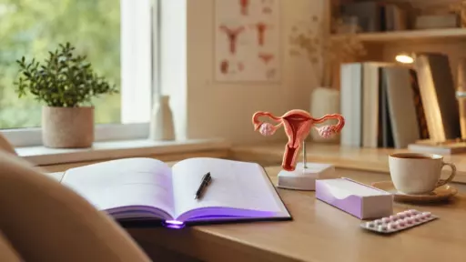 Open notebook and a uterus anatomy model sit on a sunny desk, with a pen, tea, and medication nearby for study.