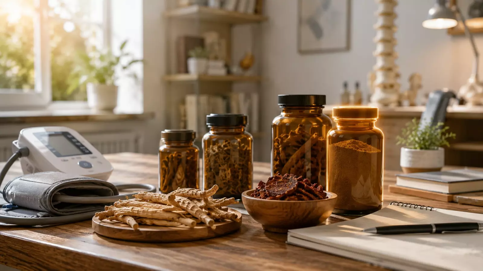 Amber bottles containing herbs on a wooden table, with dried roots, a blood pressure monitor cuff, and a notebook in a sunlit room.