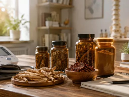 Amber bottles containing herbs on a wooden table, with dried roots, a blood pressure monitor cuff, and a notebook in a sunlit room.