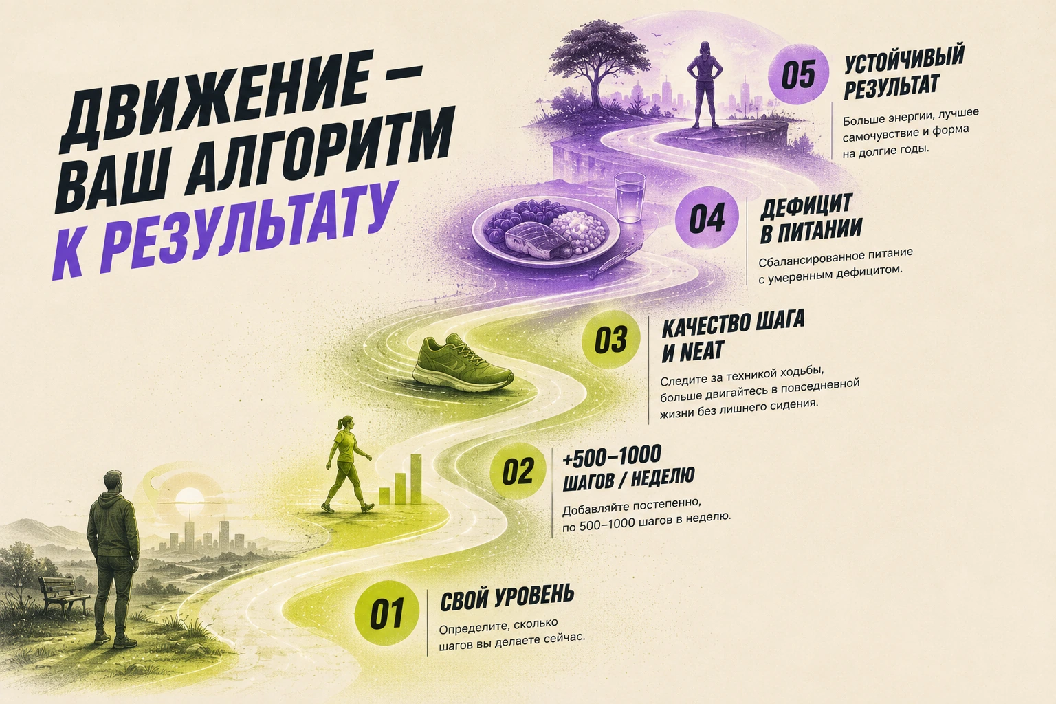 Схема-алгоритм: от своего уровня шагов к устойчивому результату