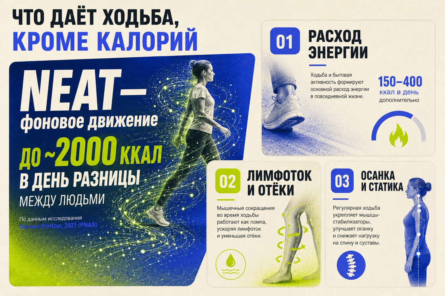 Инфографика: вклад ходьбы в NEAT, расход энергии, лимфоток и осанку