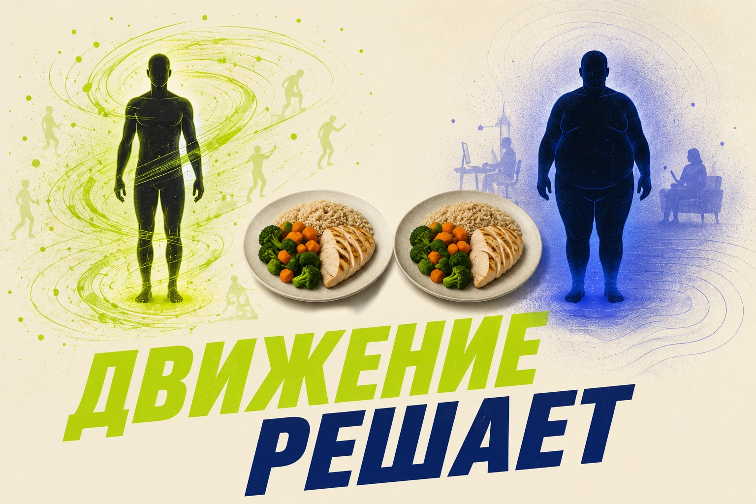 Две одинаковые тарелки: у активной фигуры вихрь движений, у второй — покой