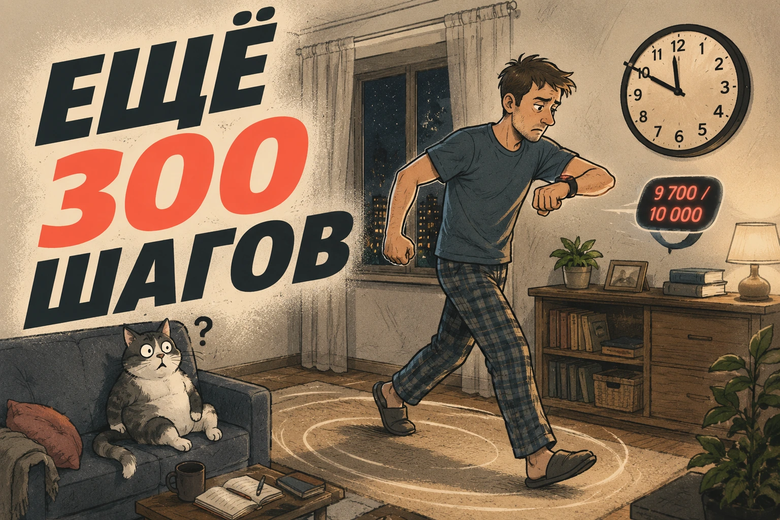 Man walks briskly in a living room at night, checking a smartwatch while a cat sits on a sofa watching nearby; a digital step counter shows 9,700 of 10,000 steps; clock on wall and cluttered desk visible.