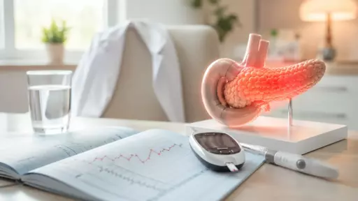 Educational desk setup featuring a pink pancreas model on a stand beside a glucometer and an open notebook with a rising graph, in a bright, clinical room.