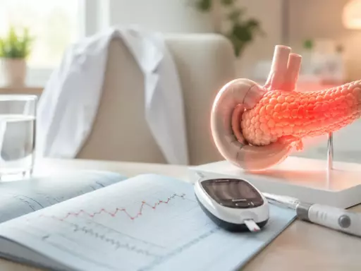 Educational desk setup featuring a pink pancreas model on a stand beside a glucometer and an open notebook with a rising graph, in a bright, clinical room.