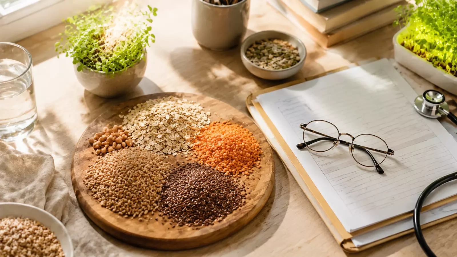 Round wooden board with five piles of different grains and seeds on a sunlit desk, beside a glass of water, plants, and a notebook with glasses and a stethoscope nearby.