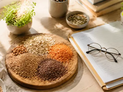 Round wooden board with five piles of different grains and seeds on a sunlit desk, beside a glass of water, plants, and a notebook with glasses and a stethoscope nearby.