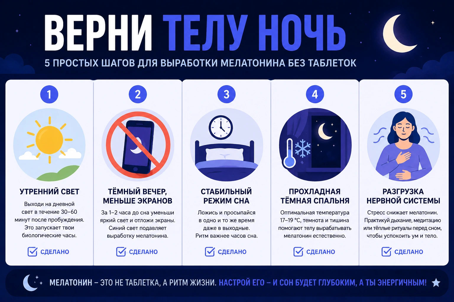 Чек-лист: как поднять свой мелатонин без таблеток