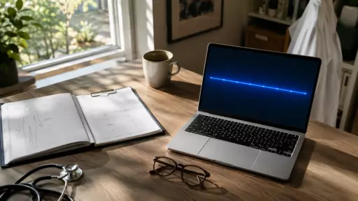 Open medical chart on a desk beside a laptop displaying a blue heartbeat line, with a stethoscope, glasses, and a mug nearby.
