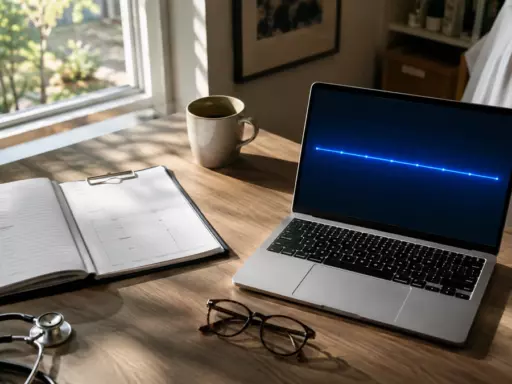 Open medical chart on a desk beside a laptop displaying a blue heartbeat line, with a stethoscope, glasses, and a mug nearby.