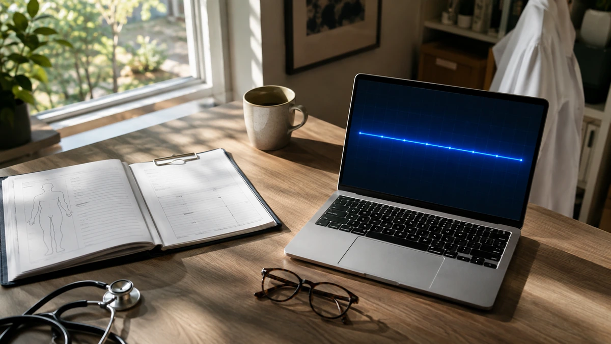 Open medical chart on a desk beside a laptop displaying a blue heartbeat line, with a stethoscope, glasses, and a mug nearby.