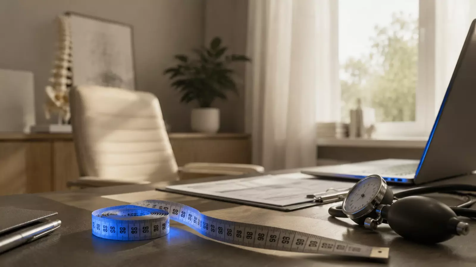 Desk with medical tools: blue measuring tape, stethoscope, clipboard, and laptop on a wooden surface; chair and plant in soft-focus background.