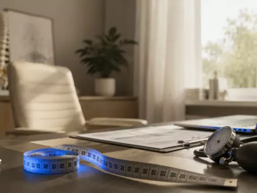 Desk with medical tools: blue measuring tape, stethoscope, clipboard, and laptop on a wooden surface; chair and plant in soft-focus background.