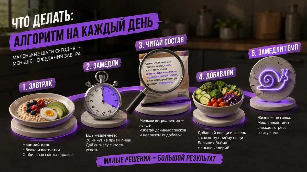 Алгоритм: начать с завтрака, читать состав, добавлять, замедлить
