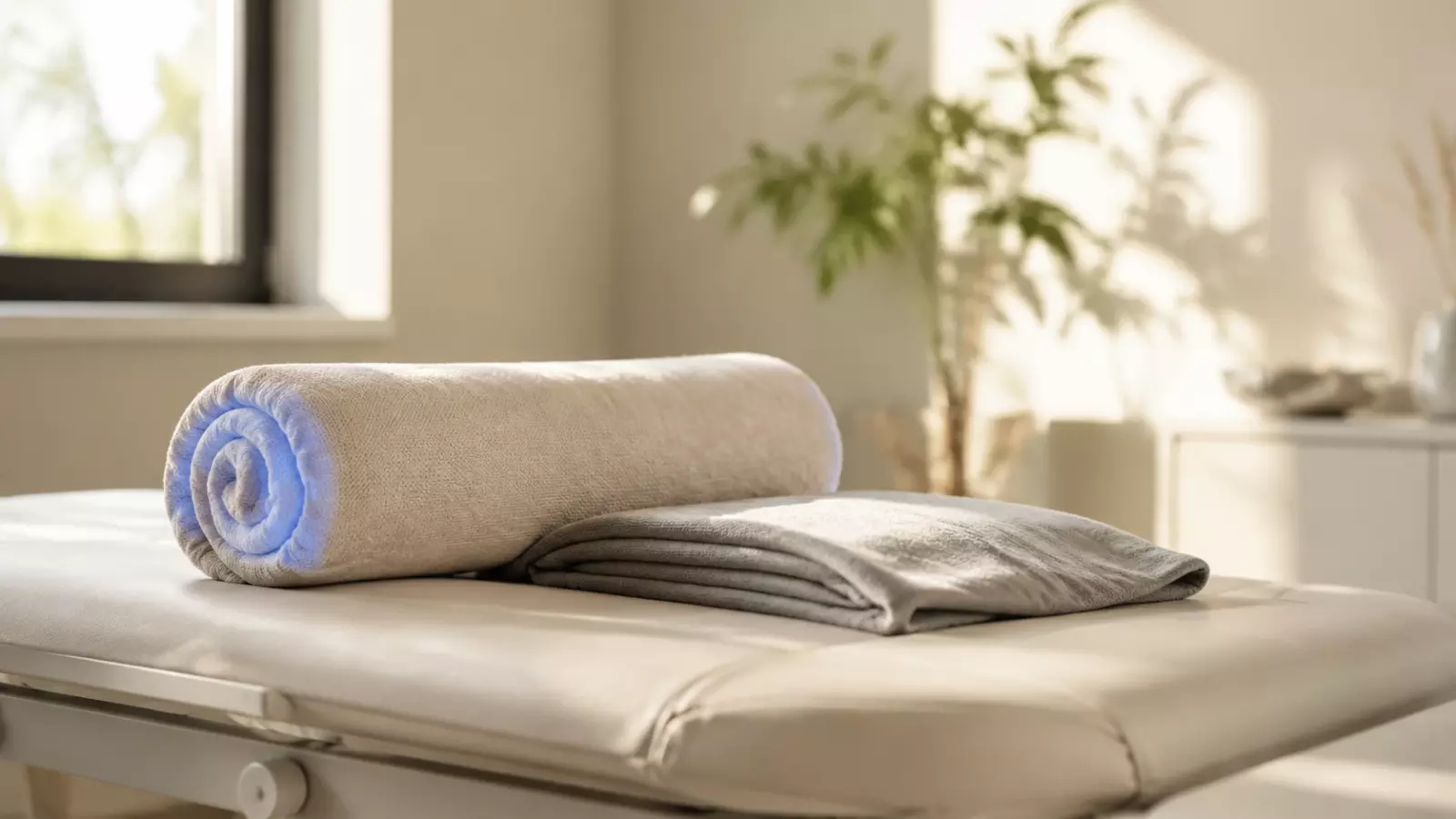 Rolled beige towel on a massage table in a sunlit spa room with a plant in the background