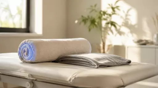 Rolled beige towel on a massage table in a sunlit spa room with a plant in the background