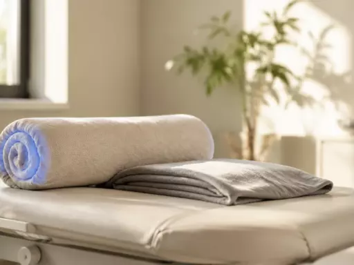 Rolled beige towel on a massage table in a sunlit spa room with a plant in the background