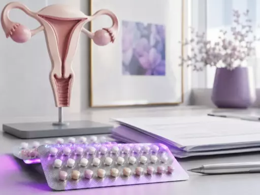 Pink uterus model on a stand, with blister packs of pills and a pen on a white desk, purple vase in the background.