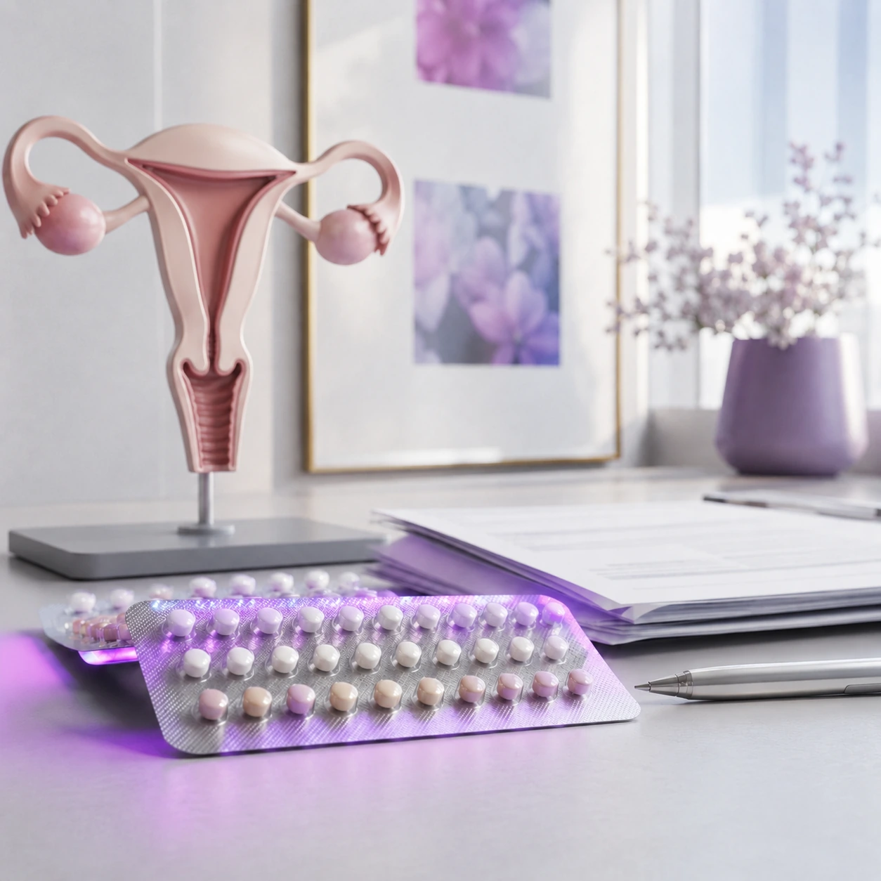 Pink uterus model on a stand, with blister packs of pills and a pen on a white desk, purple vase in the background.