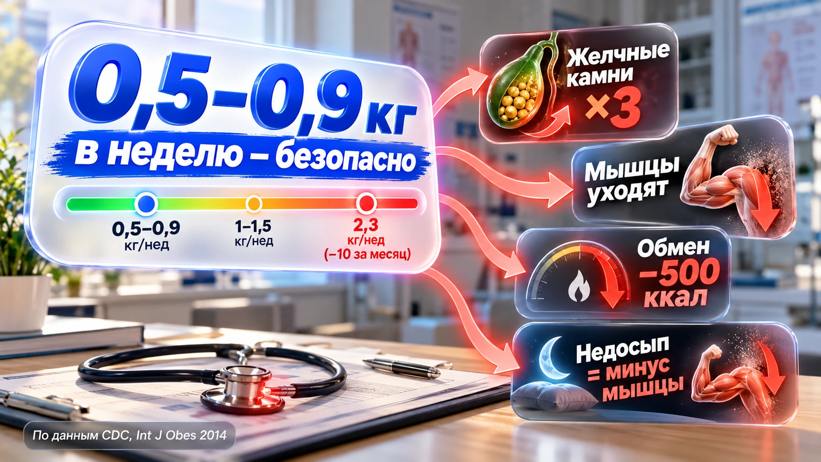 Инфографика: безопасный темп 0,5–0,9 кг в неделю и пять рисков экспресс-диет