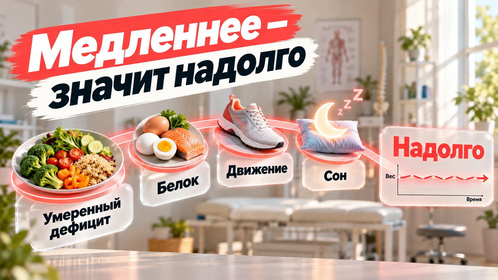 Схема: четыре опоры снижения веса без потери мышц — еда, белок, движение, сон