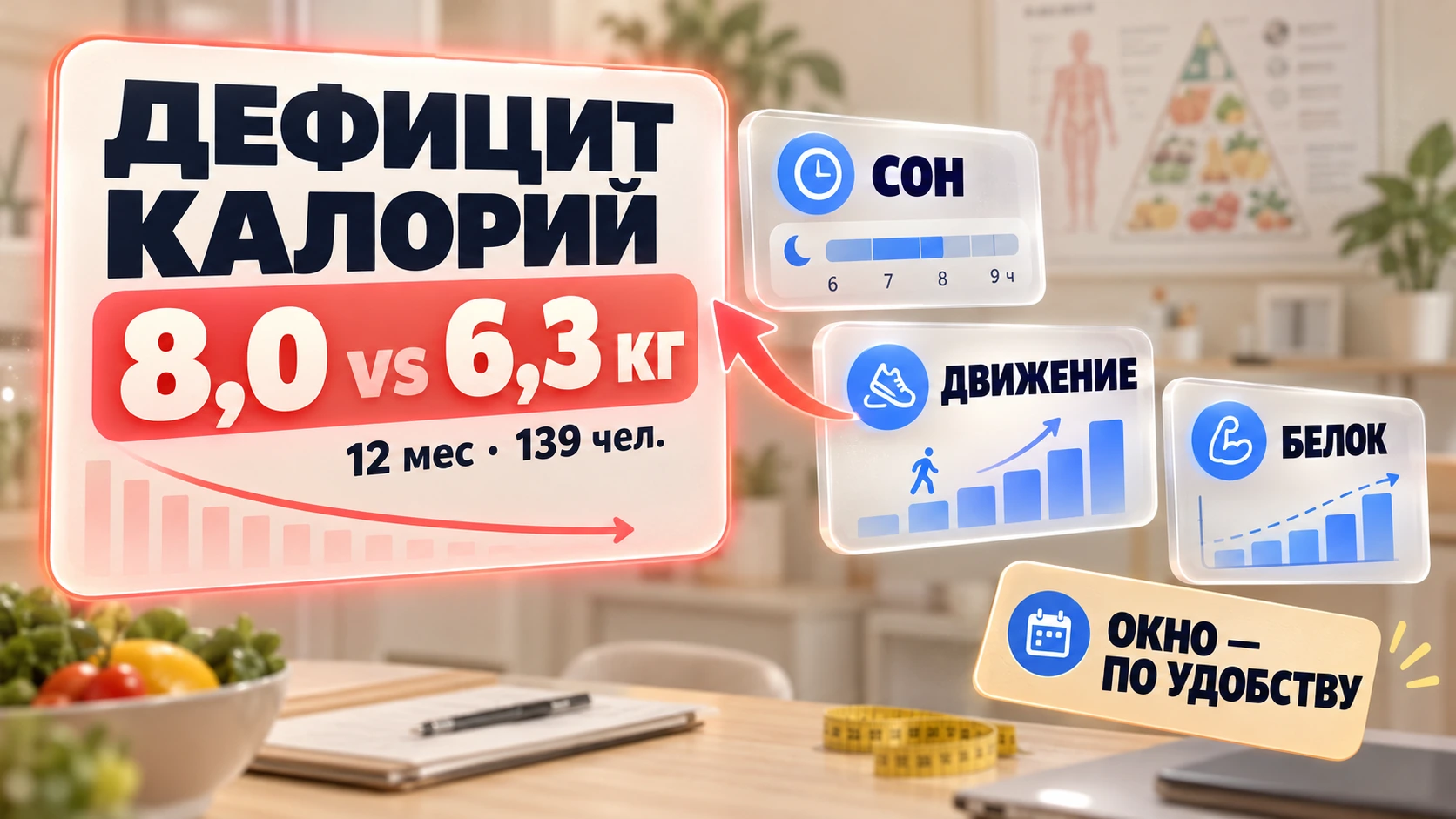 Инфографика: что реально снижает вес — дефицит, движение, белок, сон